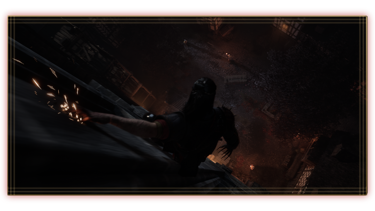 Nighttime rooftop traversal above a Vale Sangora street in The Blood of Dawnwalker