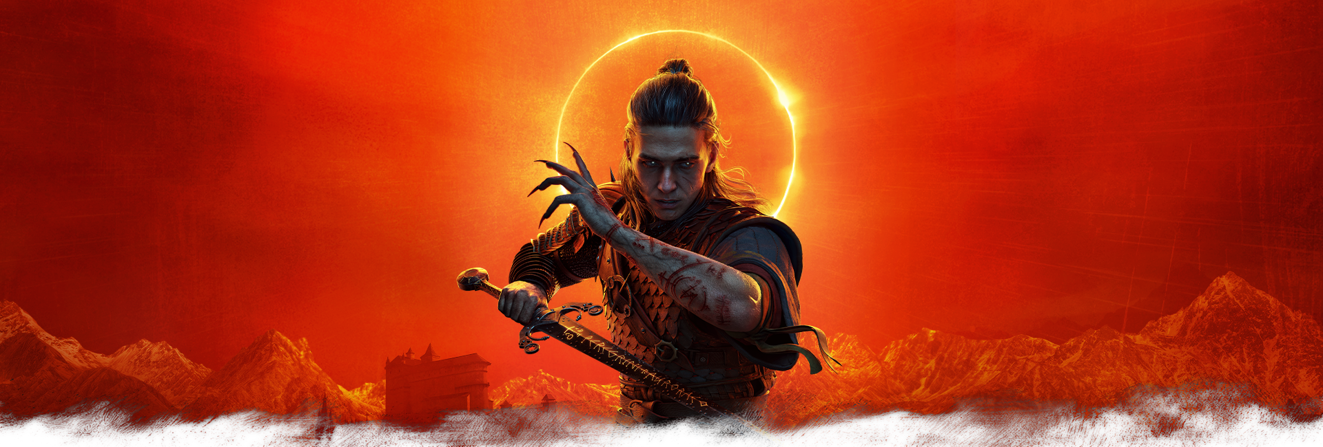 Key art de The Blood of Dawnwalker : Coen sous une éclipse, épée à la main et bras cicatrisé de runes