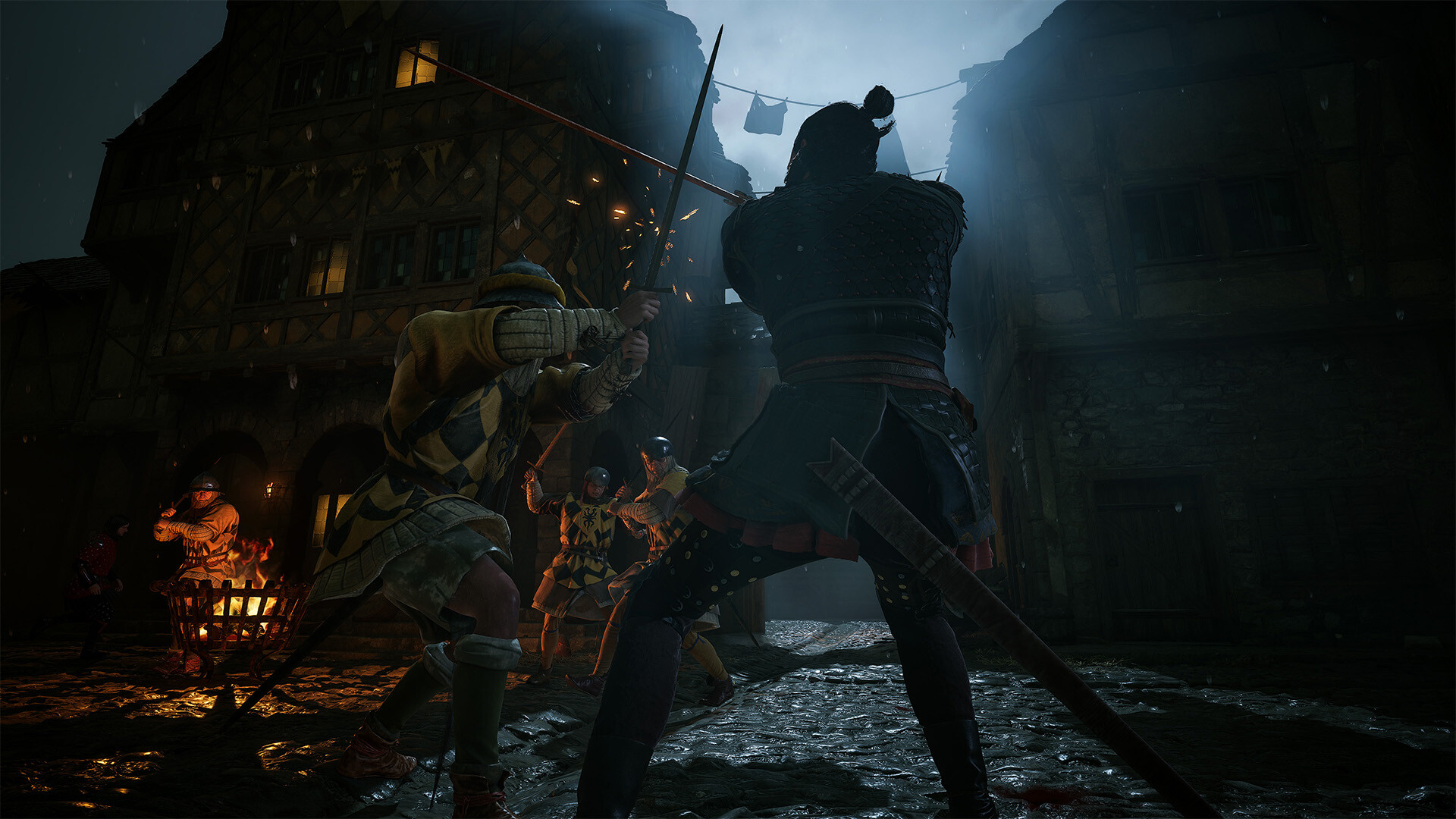 Night street fight with polearms in a Vale Sangora town in The Blood of Dawnwalker